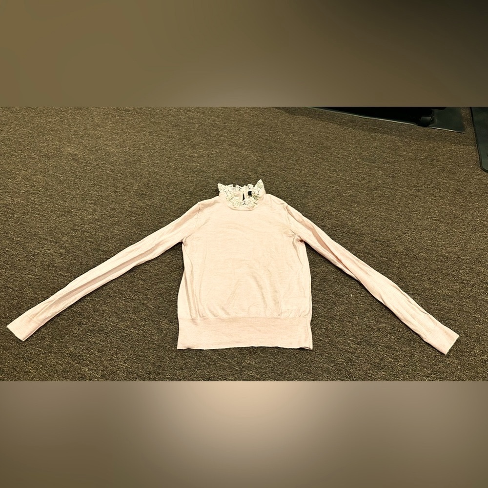 EUC Pink J Crew lace neck petite XS sweater LS casual soft warm gorgeous top